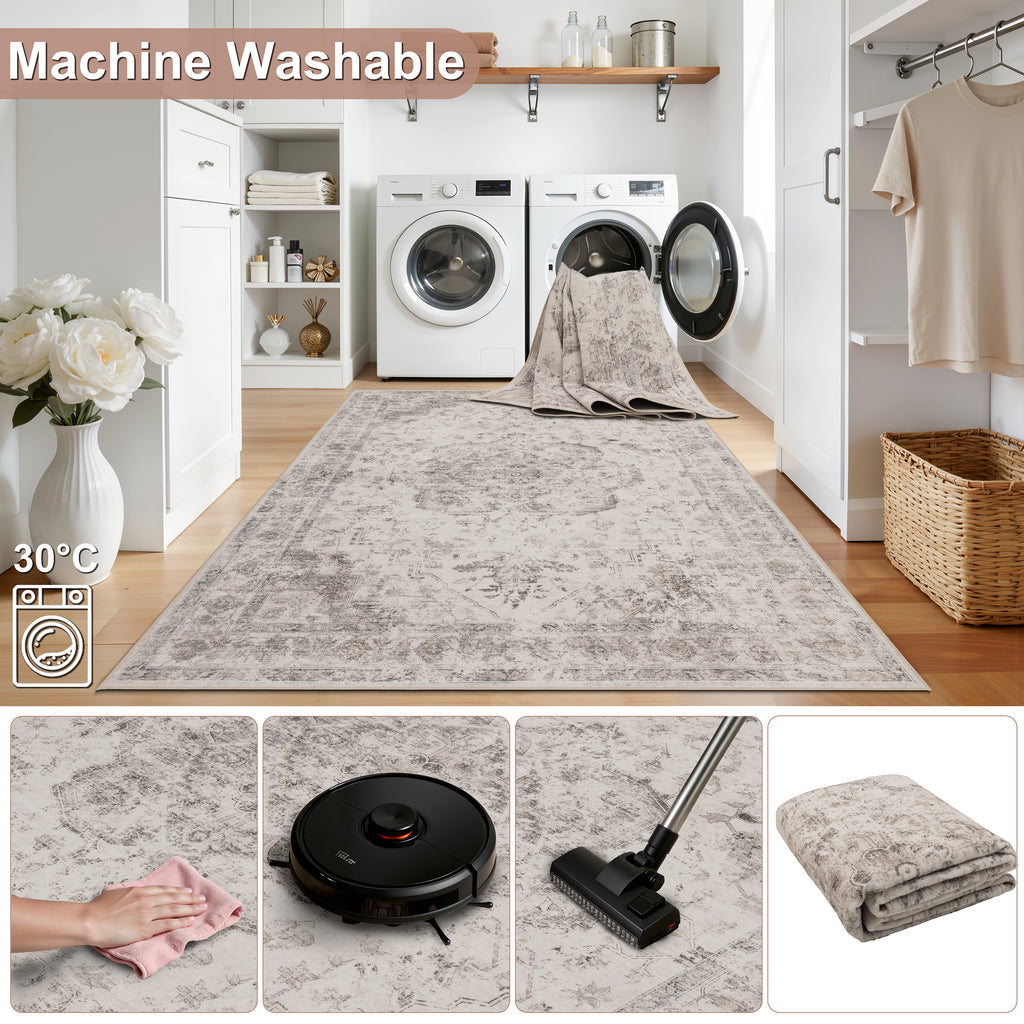 Lina 1141 beige · Waschbarer Vintage Teppich - Zeitlose Eleganz