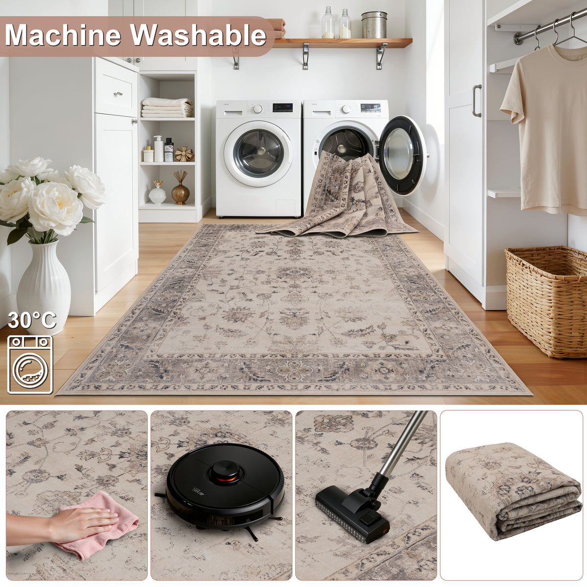 Lina 1143 beige · Waschbarer Vintage Teppich - Zeitlose Eleganz