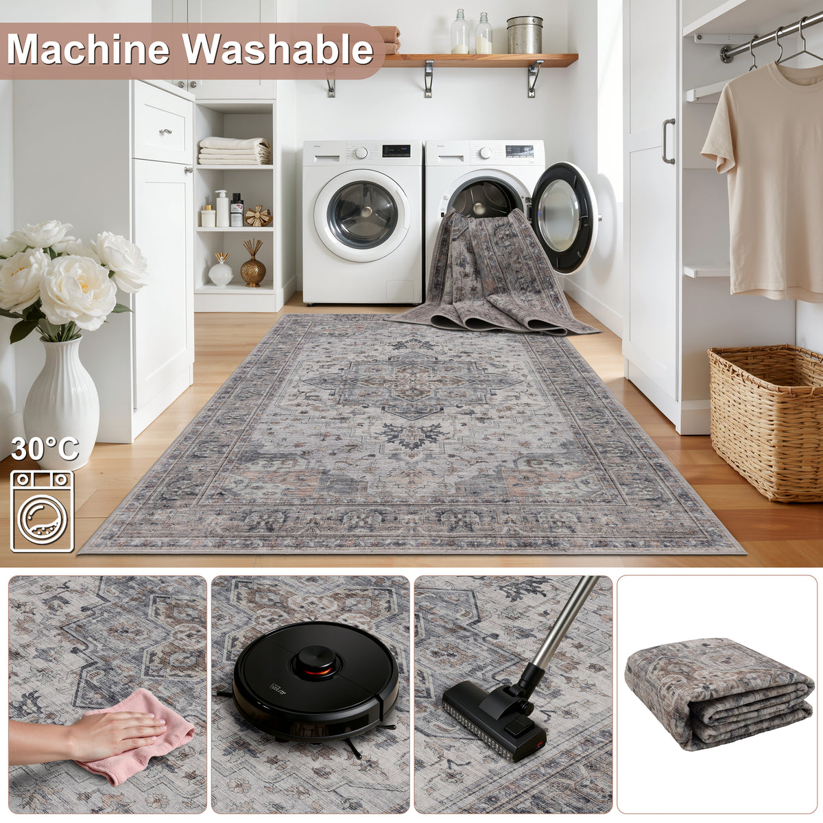Lina 1144 beige · Waschbarer Vintage Teppich - Zeitlose Eleganz