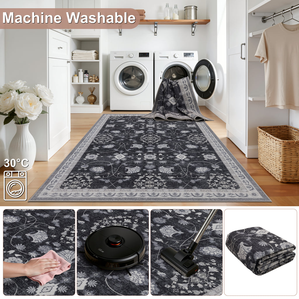 Lina 1146 black · Waschbarer Vintage Teppich - Zeitlose Eleganz