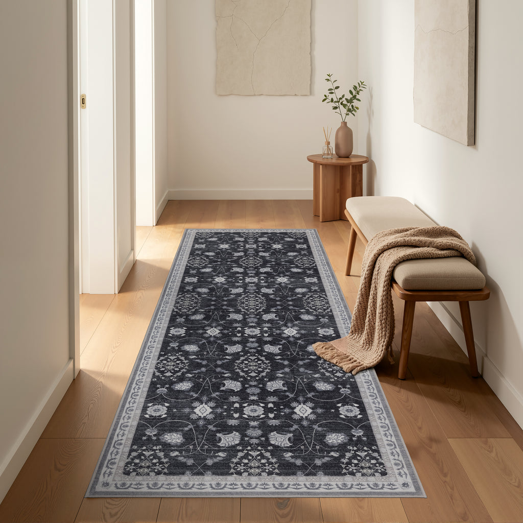 Lina 1146 black · Waschbarer Vintage Teppich - Zeitlose Eleganz