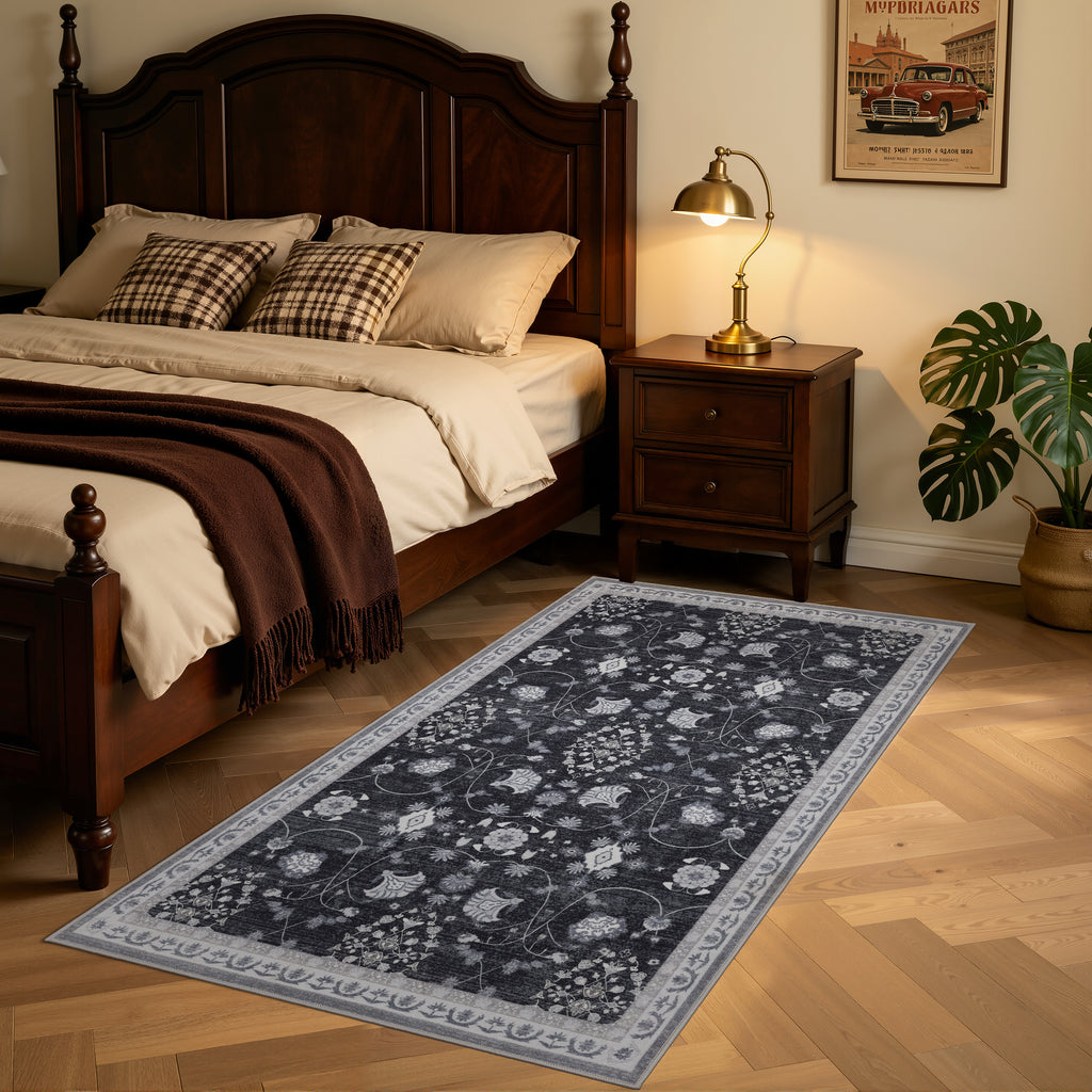 Lina 1146 black · Waschbarer Vintage Teppich - Zeitlose Eleganz