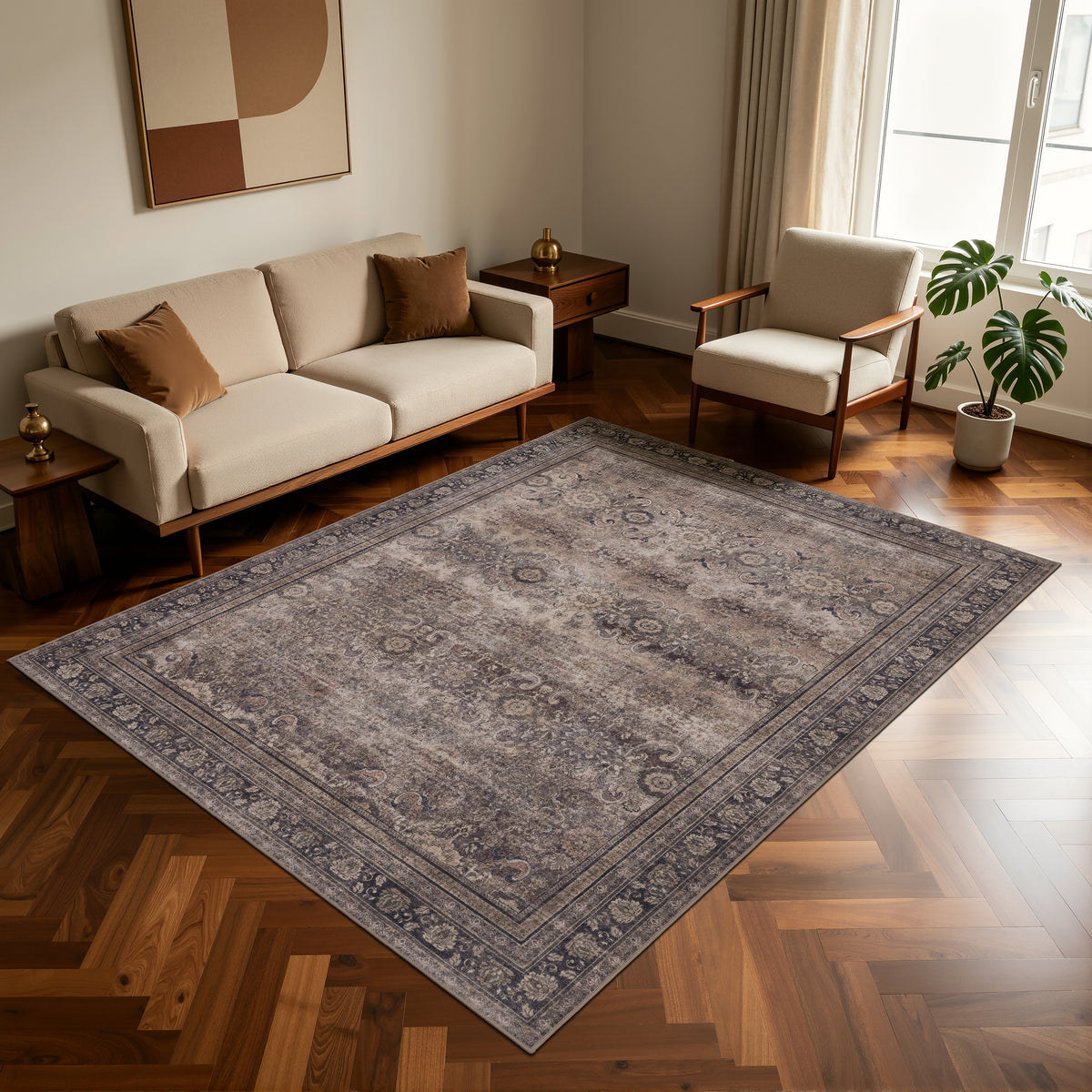 Lina 1147 braun · Waschbarer Vintage Teppich - Zeitlose Eleganz