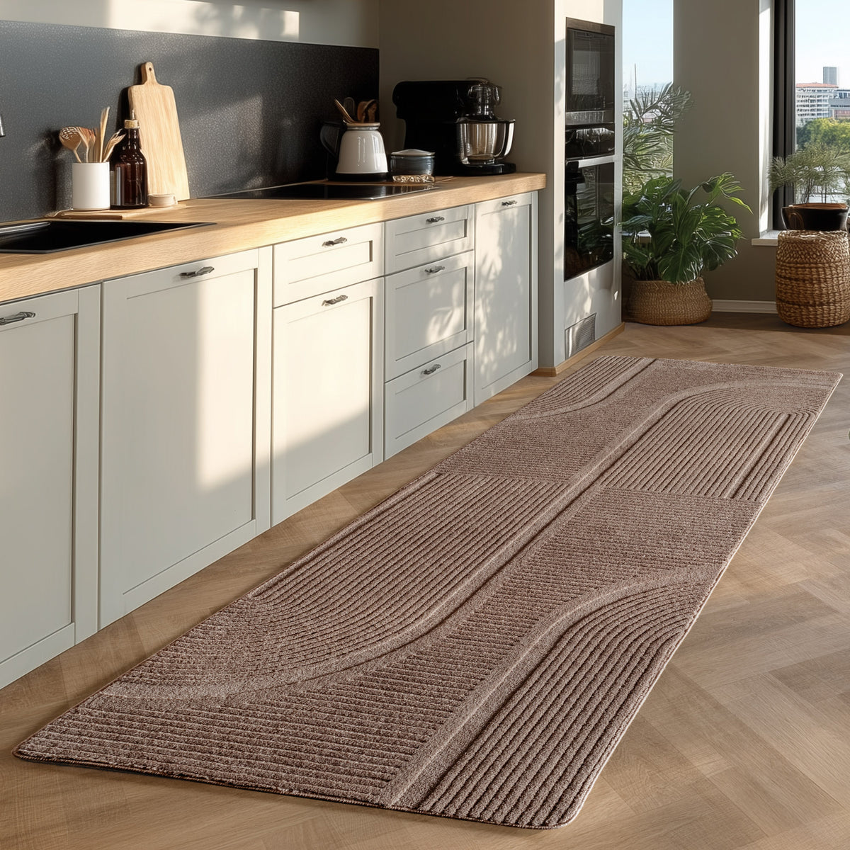Pia 1612 beige · Moderner Teppich mit geschwungenem Linienmuster