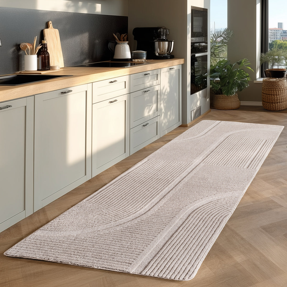 Pia 1612 creme · Moderner Teppich mit geschwungenem Linienmuster
