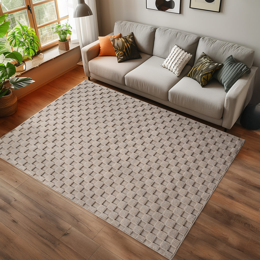 Hira 2203 beige · Moderner Strukturteppich mit geometrischem 3D-Rautenmuster