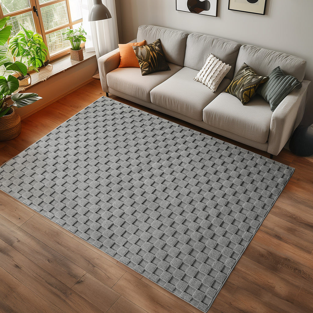 Hira 2203 grau · Moderner Strukturteppich mit geometrischem 3D-Rautenmuster