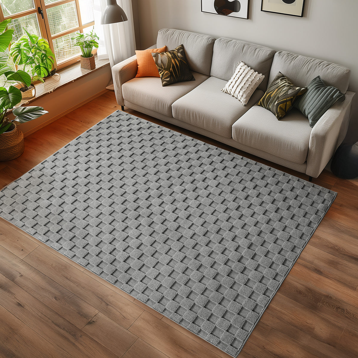 Hira 2203 grau · Moderner Strukturteppich mit geometrischem 3D-Rautenmuster