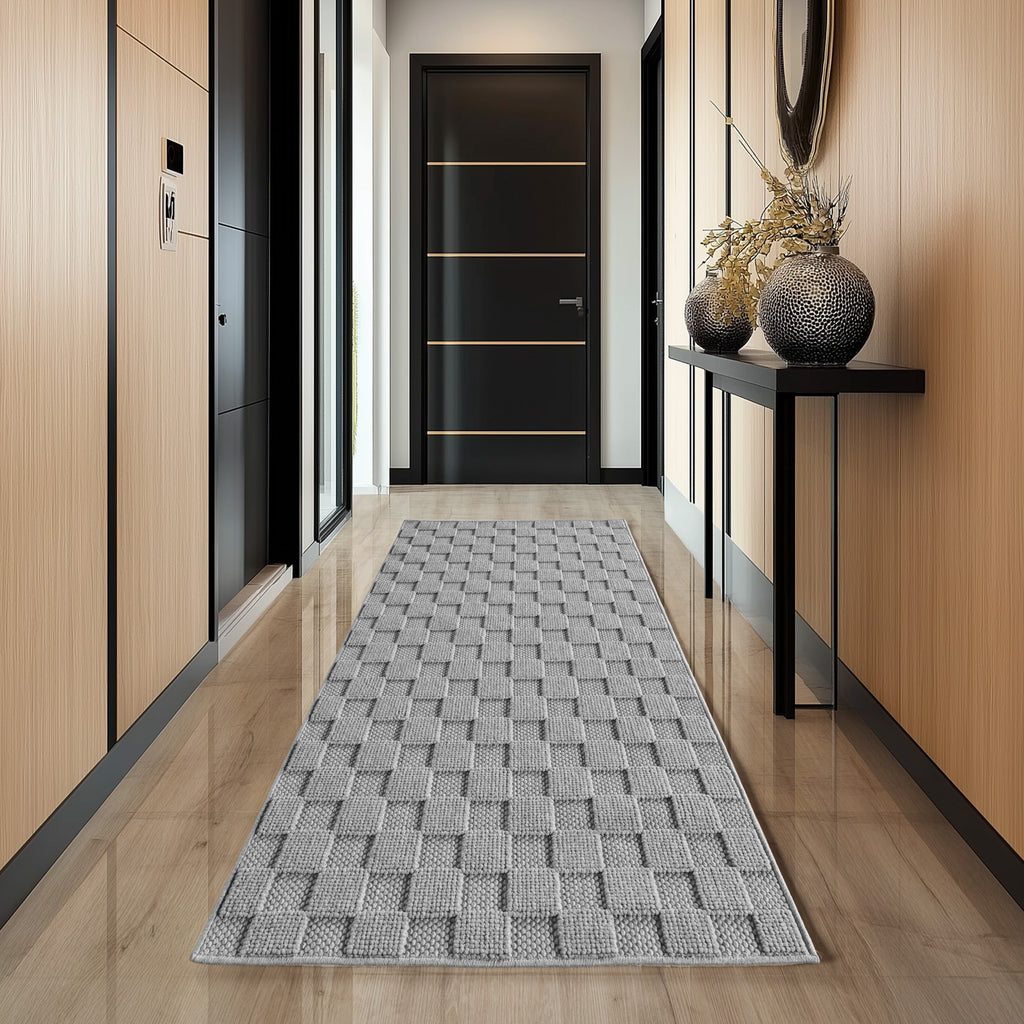 Hira 2203 grau · Moderner Strukturteppich mit geometrischem 3D-Rautenmuster